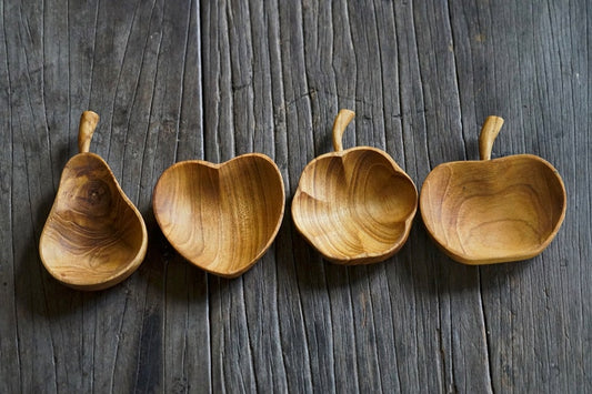 Set of 4 Assorted Heart, Pumpkin, Apple, Pear Fruit Shaped Teak Wood Dip Sauce Small Bowl Playful Cute Fruit Serving Platter
