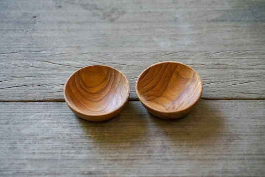 Set of 2 Teak Wood Small Bowl Sauce Bowl Round Shaped Minimal Serving Platter Utensil