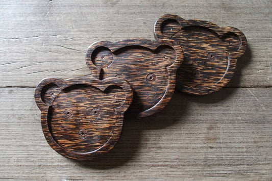 Set of 3 Pieces Teddy Bear Palm Wood Coaster // Animal Bear Shape Home Decoration Small Wood Plate