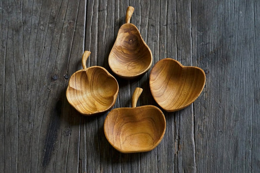 Set of 4 Assorted Heart, Pumpkin, Apple, Pear Fruit Shaped Teak Wood Dip Sauce Small Bowl Playful Cute Fruit Serving Platter