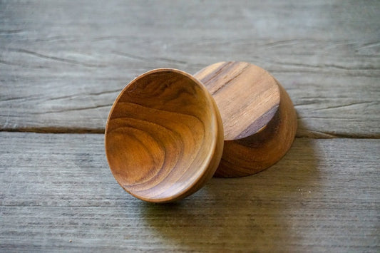 Set of 2 Teak Wood Small Bowl Sauce Bowl Round Shaped Minimal Serving Platter Utensil